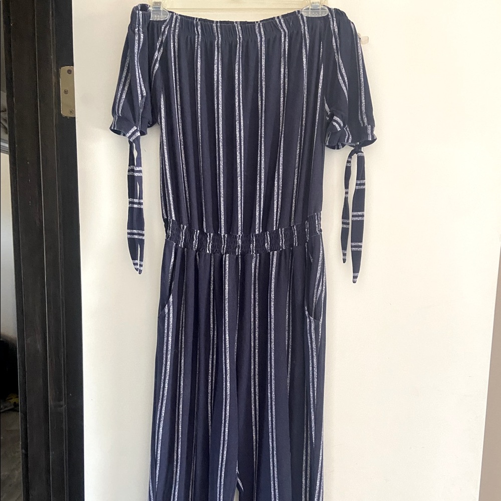 Long jumpsuit pockets blue with white stripes